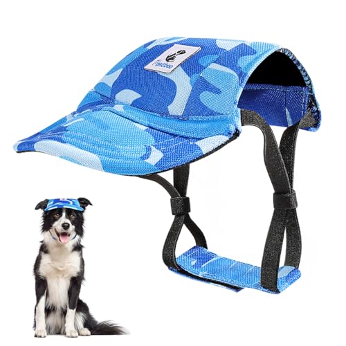 Pawaboo Hunde Baseballmütze, Hundemütze mit elastischen Ohrlöchern, Verstellbar Hundecap Sport Haustier Hut Sonnenschutz für kleine, mittelgroße & große Hunde, Hunde Outfits, L, Blaues Tarnmuster von Pawaboo