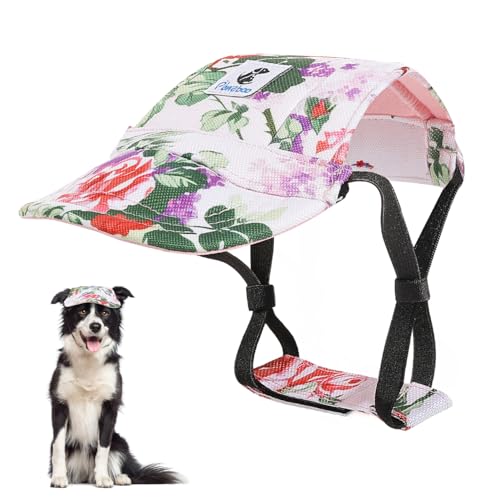 Pawaboo Hunde Baseballmütze, Hundemütze mit elastischen Ohrlöchern, Verstellbar Hundecap Sport Haustier Hut Sonnenschutz für kleine, mittelgroße & große Hunde, Hunde Outfits, L, Blume von Pawaboo