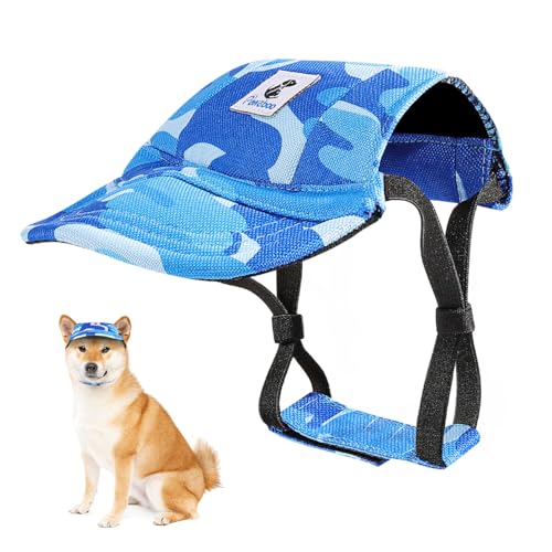 Pawaboo Hunde Baseballmütze, Hundemütze mit elastischen Ohrlöchern, Verstellbar Hundecap Sport Haustier Hut Sonnenschutz für kleine, mittelgroße & große Hunde, Hunde Outfits, M, Blaues Tarnmuster von Pawaboo