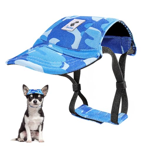 Pawaboo Hunde Baseballmütze, Hundemütze mit elastischen Ohrlöchern, Verstellbar Hundecap Sport Haustier Hut Sonnenschutz für kleine, mittelgroße & große Hunde, Hunde Outfits, S, Blaues Tarnmuster von Pawaboo