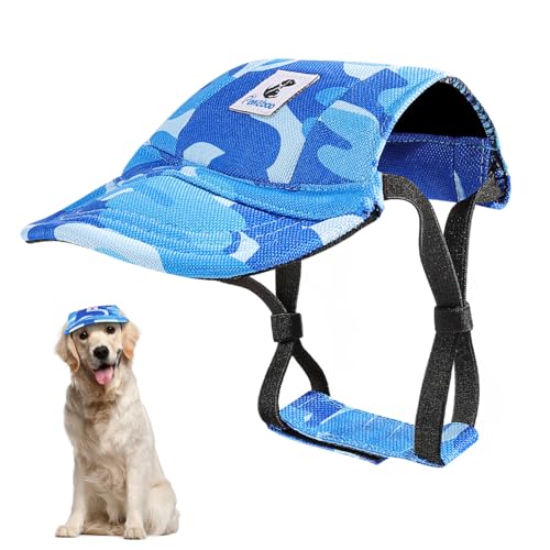 Pawaboo Hunde Baseballmütze, Hundemütze mit elastischen Ohrlöchern, Verstellbar Hundecap Sport Haustier Hut Sonnenschutz für kleine, mittelgroße & große Hunde, Hunde Outfits, XL, Blaues Tarnmuster von Pawaboo