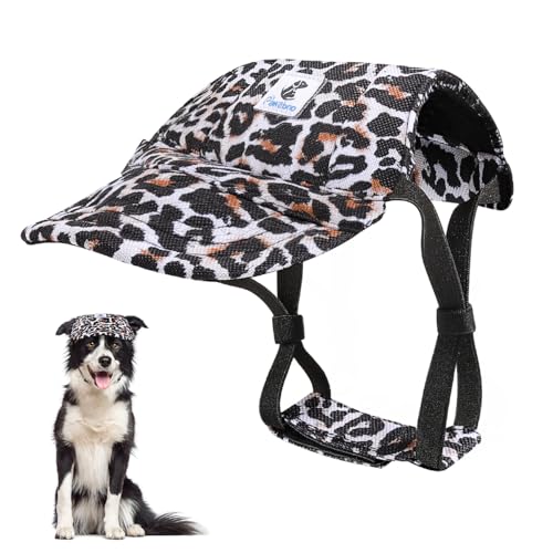 Pawaboo Hunde Baseballmütze, Hundemütze mit elastischen Ohrlöchern, Verstellbar Hundecap Sport Haustier Hut Sonnenschutz für kleine, mittelgroße & große Hunde, L, Schwarzer und Weißer Leopardendruck von Pawaboo