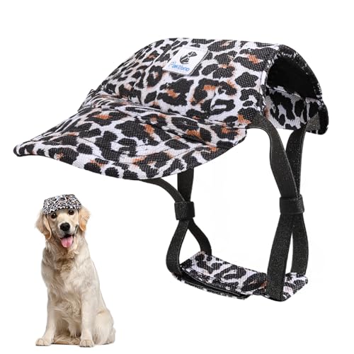 Pawaboo Hunde Baseballmütze, Hundemütze mit elastischen Ohrlöchern, Verstellbar Hundecap Sport Haustier Hut Sonnenschutz für kleine, mittelgroße & große Hunde, XL, Schwarzer und Weißer Leopardendruck von Pawaboo