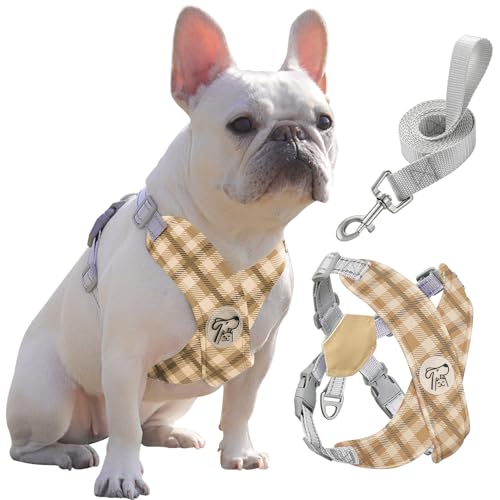 Pawaboo Hundegeschirr mit Hundeleine Set, X-Rahmen Verstellbares Anti Zug Anti-Erstickung Hund Brustgeschirr für Kleine, Mittelgroße Hunde & Welpen, Hundeweste mit Leine, L, Khaki Kariert von Pawaboo