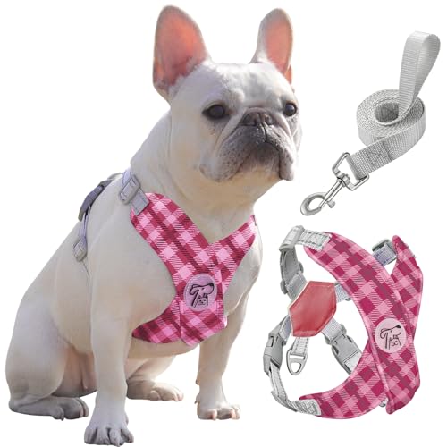 Pawaboo Hundegeschirr mit Hundeleine Set, X-Rahmen Verstellbares Anti Zug Anti-Erstickung Hund Brustgeschirr für Kleine, Mittelgroße Hunde & Welpen, Hundeweste mit Leine, L, Rosa Kariert von Pawaboo