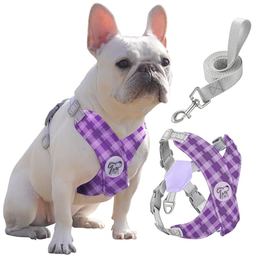 Pawaboo Hundegeschirr mit Hundeleine Set, X-Rahmen Verstellbares Anti Zug Anti-Erstickung Hund Brustgeschirr für Kleine, Mittelgroße Hunde & Welpen, Hundeweste mit Leine, L, Violett Kariert von Pawaboo