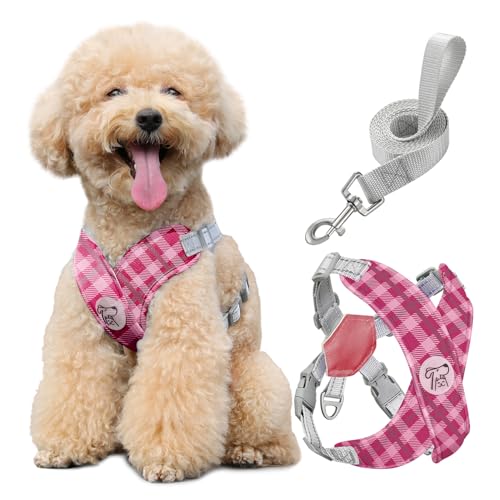 Pawaboo Hundegeschirr mit Hundeleine Set, X-Rahmen Verstellbares Anti Zug Anti-Erstickung Hund Brustgeschirr für Kleine, Mittelgroße Hunde & Welpen, Hundeweste mit Leine, M, Rosa Kariert von Pawaboo