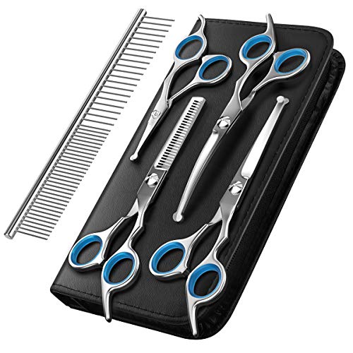 Pawaboo Hundepflege Schere Set, 5 Stück Professionelle Hundesalon Schere Kämmen Fellschere mit Runder Sicherheitspitze für Haustiere Hunde Katze Effilierschere Haarpflege Fellpflege Schneiden - Blau von Pawaboo