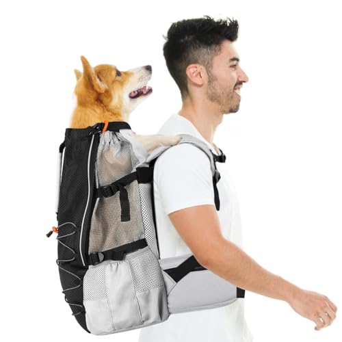 Pawaboo Hunderucksack, Hunde Reisetasche für Kleine Mittlere Rassen, Verstellbar Atmungsaktiv Netz, Welpenrucksack mit Brustgurt, Ergonomisch Haustier Hund Tragetasche für Wandern Reisen, L, Schwarz von Pawaboo