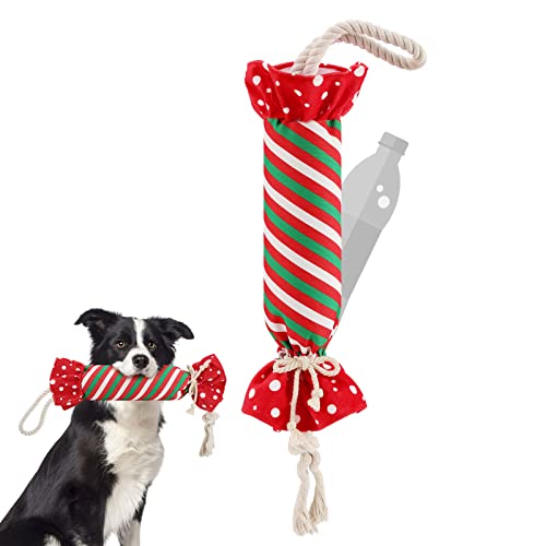 Pawaboo Weihnachten Hundespielzeug, Hunde Plüsch Quietschspielzeug mit Seil, Interaktives Welpenspielzeug mit Wasserflasche, Bonbonform ohne Füllung, Knirschen für Hund, Kauspielzeug zum Zahnen von Pawaboo