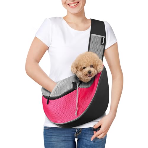Pawaboo Hundetragetasche, Neu aufgewertet Hundetasche mit Touch-Pocket, Verstellbare Tragetasche Hund, Haustier Umhängetasche Transporttasche für Haustiere für Outdoor Reisen - M, Pink von Pawaboo