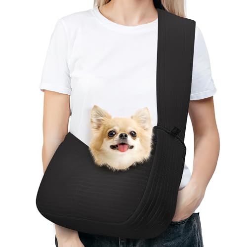 Pawaboo Hundetragetasche, Tragbare Haustier Hundetasche mit Breiterem Sicherheitsgurt, Outdoor Reise Haustier Umhängetasche Transporttasche für Klein Hund Katze (Bis zu 10lbs), Schwarz von Pawaboo