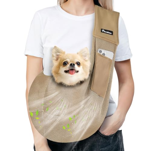 Pawaboo Hundetragetasche, Tragbare Haustier Hundetasche mit Atmungsaktiver Mesh-Tasche, Outdoor Reise Haustier Umhängetasche, Tragetücher für Klein Hund Katze (Bis zu 14lbs), Khaki von Pawaboo