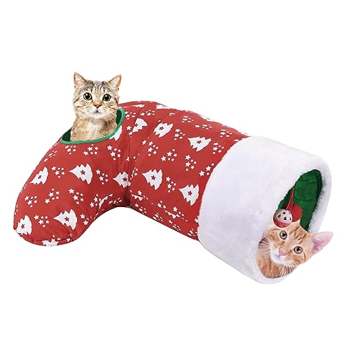 Pawaboo Katzenspielzeug, 2 Wege Weihnachtssocke Katzentunnel Upgrade Weihnachten Tunnel Spielzeug mit Crinkle Papier & Federstahlrahmen Interaktives Spielzeug Kleintier Röhr für Kätzchen, Rot & Weiß von Pawaboo