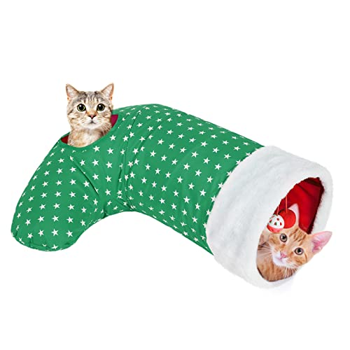 Pawaboo Katzenspielzeug, 2 Wege Weihnachtssocke Spieltunnel Weihnachten Tunnel Spielzeug mit Crinkle Papier und Federstahlrahmen Interaktives Spielzeug Kleintier Röhr für Kätzchen, Grün von Pawaboo