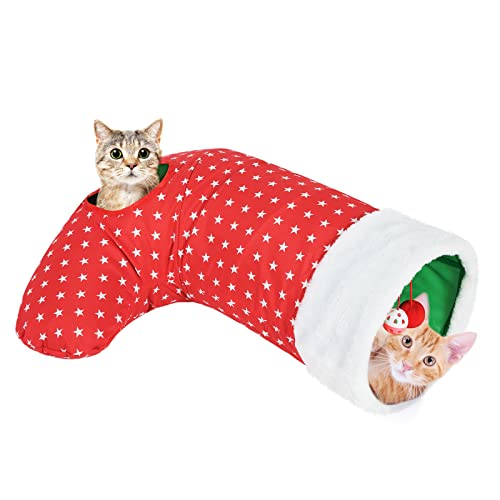 Pawaboo Katzenspielzeug, 2 Wege Weihnachtssocke Spieltunnel Weihnachten Tunnel Spielzeug mit Crinkle Papier und Federstahlrahmen Interaktives Spielzeug Kleintier Röhr für Kätzchen, Rot von Pawaboo