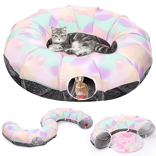 Pawaboo Katzenspielzeug, Faltbarer Katzentunnel Katzenbett mit Zentraler Matte und Glockenball Katzenhöhle Spielsachen für Kätzchen Kaninchen Kleine und Mittelgroße Katzen Spieltunnel von Pawaboo