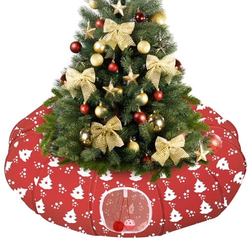 Pawaboo Katzentunnel Katzenbett, Faltbar Weihnachten Katzenspielzeug mit Zentraler Matte & Glockenball, Dekorativ Spieltunnel für Kaninchen Kätzchen Kleine und Mittelgroße Katzen, Roter Weihnachtsbaum von Pawaboo