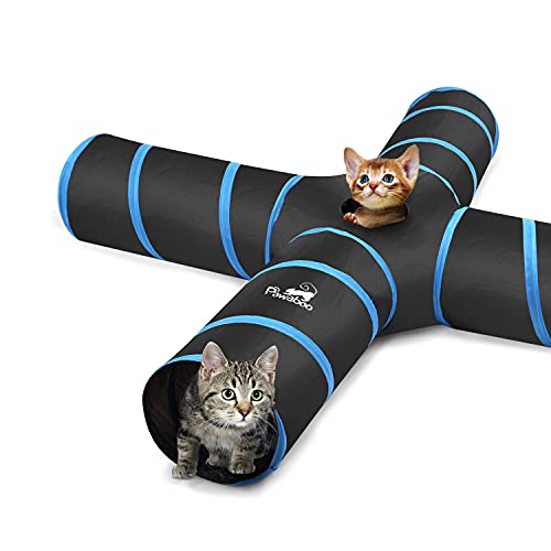 Pawaboo Katzetunnel, Premium-4-Wege-Tunnel Erweiterbar Zusammenklappbar Katzen Spielzeug Maze versetzte Tunnel Katzen Spielzeug mit Pompon und Bells für Kätzchen Kaninchen, Schwarz & Hellbalu von Pawaboo