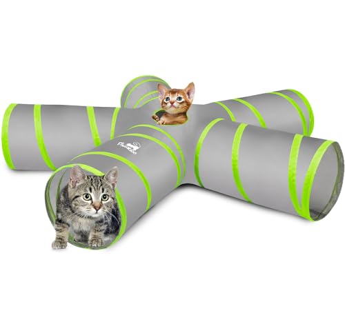 Pawaboo Katzetunnel, Premium-5-Wege-Tunnel Erweiterbar Zusammenklappbar Katzen Spielzeug Maze versetzte Tunnel Katzen Spielzeug mit Pompon und Bells für Kätzchen Kaninchen, Grau & Grün von Pawaboo