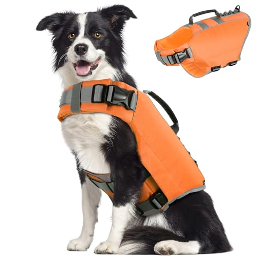 Pawaboo Schwimmweste Hund, Einstellbare Hundeschwimmweste mit Starkem Auftrieb und Langlebigem Rettungsgriff Reflektierend Rettungswesten für Hunde Schwimmen Surfen Bootfahren, L, Orange von Pawaboo