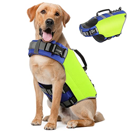 Pawaboo Schwimmweste Hund, Einstellbare Hundeschwimmweste mit Starkem Auftrieb und Langlebigem Rettungsgriff Reflektierend Rettungswesten für Hunde Schwimmen Surfen Bootfahren, XL, Helles Gelb von Pawaboo