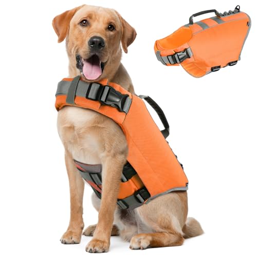 Pawaboo Schwimmweste Hund, Einstellbare Hundeschwimmweste mit Starkem Auftrieb und Langlebigem Rettungsgriff Reflektierend Rettungswesten für Hunde Schwimmen Surfen Bootfahren, XL, Orange von Pawaboo