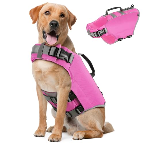 Pawaboo Schwimmweste Hund, Einstellbare Hundeschwimmweste mit Starkem Auftrieb und Langlebigem Rettungsgriff Reflektierend Rettungswesten für Hunde Schwimmen Surfen Bootfahren, XL, Rosa von Pawaboo