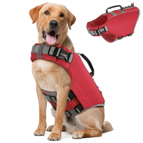 Pawaboo Schwimmweste Hund, Einstellbare Hundeschwimmweste mit Starkem Auftrieb und Langlebigem Rettungsgriff Reflektierend Rettungswesten für Hunde Schwimmen Surfen Bootfahren, XL, Rot von Pawaboo