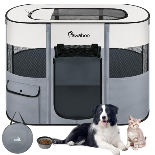 Pawaboo Tragbarer Haustierstall, Faltbarer Hundelaufstall mit Wasserdichtem Oxford, Katzengehege mit Reisetasche Faltbarem Napf, Indoor Outdoor Gebrauch für Welpe Katze Kaninchen, M, Grau von Pawaboo