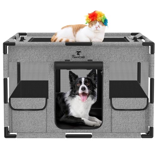 Pawaboo Welpenauslauf Extra Groß Haustier Laufstall, Tragbar Handtasche Hundebox für Katze Hunde, Hund Laufgitter, Verdickt PVC Rohr Rahmen, Atmungsaktiv Hundezelt Transportbox (M, Grau+Schwarz) von Pawaboo