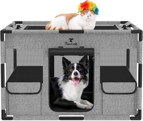 Pawaboo Welpenauslauf Extra Groß Haustier Laufstall, Tragbar Handtasche Hundebox für Katze Hunde, Hund Laufgitter, Verdickt PVC Rohr Rahmen, Atmungsaktiv Hundezelt Transportbox (M, Grau+Schwarz) von Pawaboo