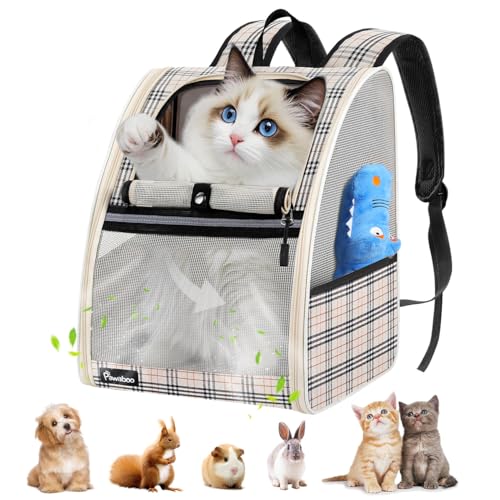 Pawaboo katzenrucksack, hunderucksack für Katzen Hunde Welpen mit Fenster, Haustier Rucksack cat Backpack Dog Backpack mit Atmungsaktivem Mesh für Wandern - Bis 10KG, Aprikose von Pawaboo