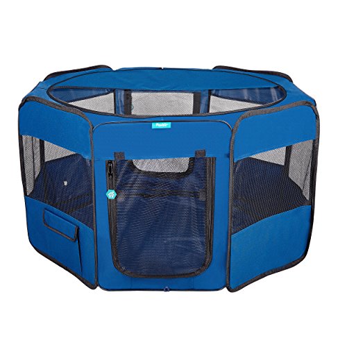 Pawdle Deluxe Premium Faltbar Tragbar, Bewegung Laufstall Zwinger Katzen, Hunde, Kätzchen Reisen und Alle Pets – Tragetasche – in Bodenspieß – Abnehmbarer Shaded Bezug und Unten, Large, Blau von Pawdle