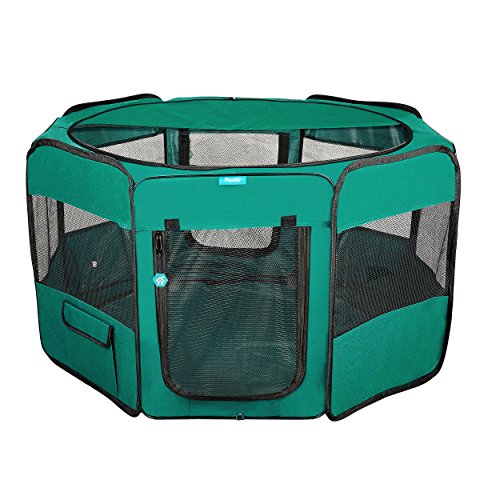 Pawdle Deluxe Premium Faltbar Tragbar, Bewegung Laufstall Zwinger Katzen, Hunde, Kätzchen Reisen und Alle Pets – Tragetasche – in Bodenspieß – Abnehmbarer Shaded Bezug und Unten, Large, Grün von Pawdle