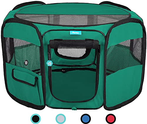 Pawdle Deluxe Premium Faltbar Tragbar, Bewegung Laufstall Zwinger Katzen, Hunde, Kätzchen Reisen und Alle Pets – Tragetasche – in Bodenspieß – Abnehmbarer Shaded Bezug und Unten, Small, Grün von Pawdle