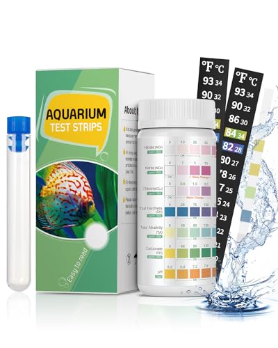 Pawfly 7 in 1 Aquarium Teststreifen Fischbecken Teststreifen für pH Chlor Nitrat Nitrit Karbonat Härte Gesamtalkalität Wasserqualität Überwachungsset mit Teströhrchen und Thermometer, 100 Streifen von Pawfly