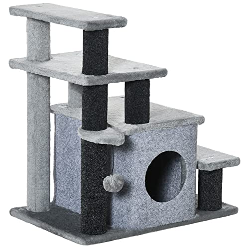 PawHut Haustiertreppe, 3/4-stufige höhenverstellbare Katzentreppe mit Schlafhöhle 2 in 1 praktische Hunderampe für kleine Hunde und Katzen Einstieghilfe für hohe Betten Sofa Grau 60 x 40 x 66 cm von PawHut