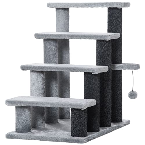 PawHut Haustiertreppe Katzentreppe mit Kratzbaum Ball 3-stufige Hundetreppe Tiertreppe Spanplatte Plüsch Jute (Grau, 60L x 40B x 64H cm, 4) von PawHut