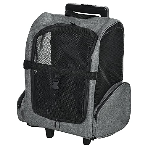 PawHut Hundetrolley Transporttasche Tragetasche für Tiere Trolley 2-in-1 Haustierrucksack Hundetasche mit Tür und Fenster atmungsaktiv Oxfordstoff Grau 42 x 25 x 55 cm von PawHut