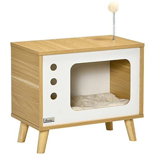 PawHut Katzenhaus, Katzenhütte im TV Design mit Spielball, Katzenbett mit Kissen, Katzenkorb, Eiche+Beige+Weiß, 50 x 28 x 43 cm von PawHut