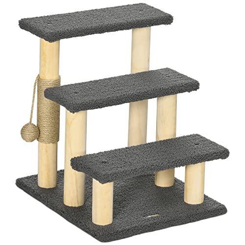 PawHut Katzentreppe 3-stufige Tiertreppe, 48 cm Haustiertreppe mit Sisalsäule, Hundetreppe mit Spielball, Einstieghilfe für hohe Betten, Kiefernholz, Grau+Natur von PawHut