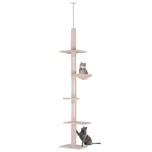 PawHut Kratzbaum Deckenhoch höhenverstellbar, Stabiler Katzenbaum mit Sisalsäulen, Katzen Kletterbaum, Beige, 40 x 34 x 230-260 cm von PawHut