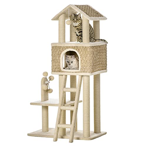 PawHut Kratzbaum Katzenbaum 130H cm Kletterbaum mit Katzenhöhle Spielbälle Jutestämmen großer Plattform Spanplatte Plüsch Khaki+Beige von PawHut