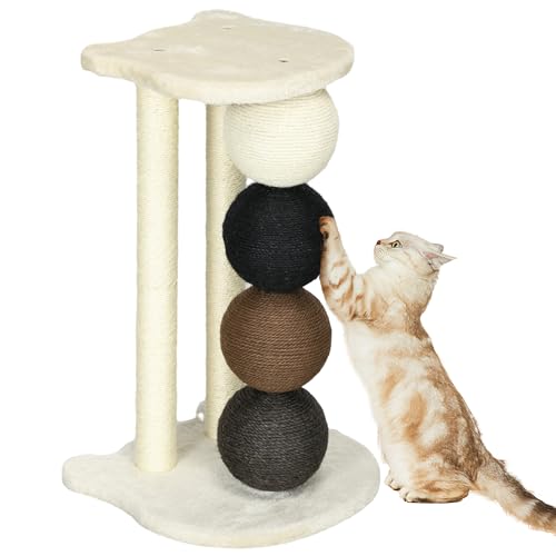 PawHut Kratzsäule für Katzen, Katzenkratzbaum Kratzbaum mit Plattform, Kratzstamm mit 2 Sisalpfosten und 4 Sisalbällen, Katzenkratzer Spielzeug, 38 x 38 x 64 cm von PawHut