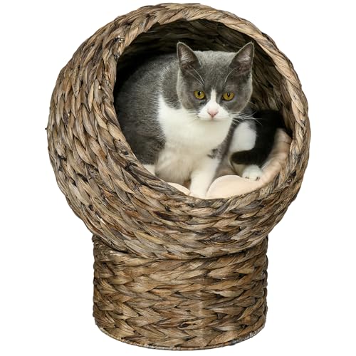 PawHut Rattan Katzenkorb Katzenhöhle Katzenhütte Katzenbett mit Kissen Haustierbett Wasserhyazinthe Dunkelbraun 42 x 33 x 52 cm von PawHut