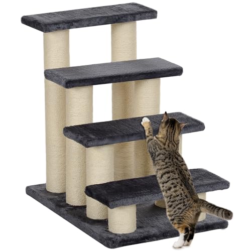 PawHut Tiertreppe Katzentreppe Hundetreppe 4 Stufen Treppe für Katze und Hunde Plüsch Grau 60 x 42 x 61 cm von PawHut