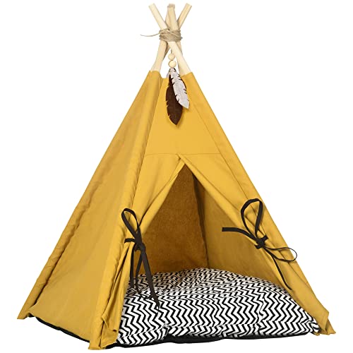 PawHut Tipi Zelt für Haustiere, Katzenzelt mit abnehmbar und waschbar Kissen, Katzenhaus mit rutschfestem Boden, Spielball, für Katzen unter 5kg, Mini Hunde, 60 x 60 x 76 cm, Gelb von PawHut