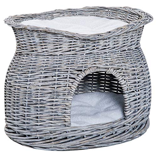 PawHut Rattan Weidenkorb für Katzen Katzenhütte mit 2 weichen Liegekissen Katzenkorb Haustierbett aus Wasserhyazinthe für Wohnzimmer Grau 56 x 37 x 40 cm von PawHut