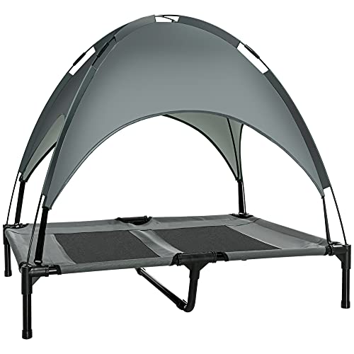 PawHut Erhöhtes Hundebett mit Baldachin, Haustierbett, Hundeliege outdoor mit Dach, Atmungsaktiv, Taftstoff für Camping Grau 92 x 76 x 90 cm von PawHut